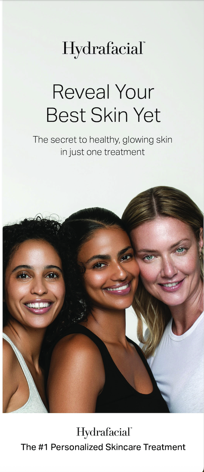 Three women smiling together in a promotional image for Hydrafacial, advertising healthy, glowing skin from a personalized skincare treatment. - Jón Alan Salon in Nashville and Franklin, TN