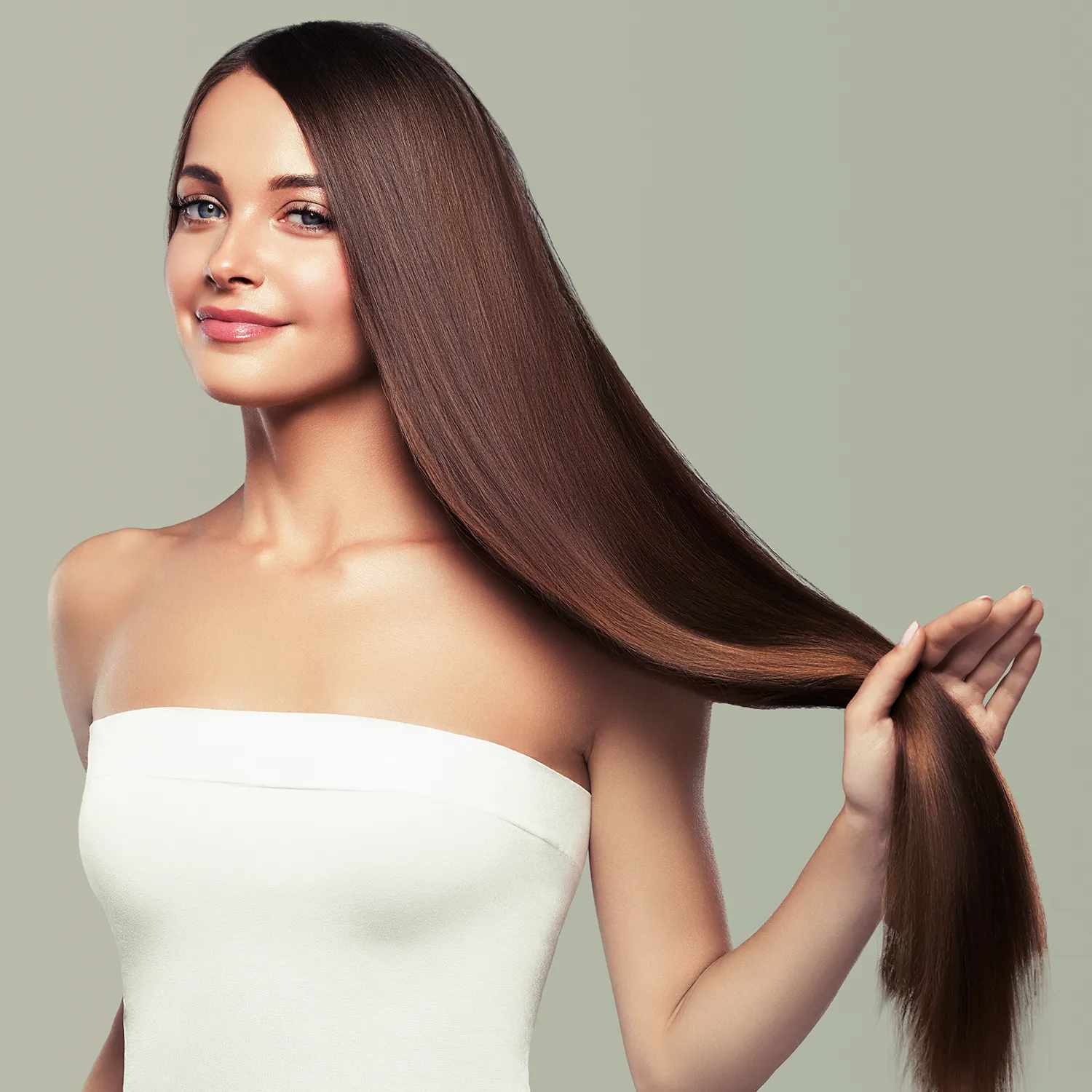 Woman in a white strapless top holds out her long, straight brown hair, smiling slightly against a plain light background. - Jón Alan Salon in Nashville and Franklin, TN