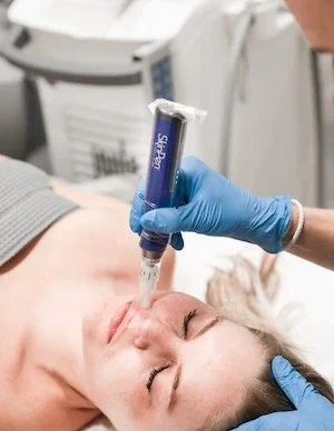 A person receives a microneedling facial treatment with a blue SkinPen device by a gloved technician in a clinical setting. - Jón Alan Salon in Nashville and Franklin, TN